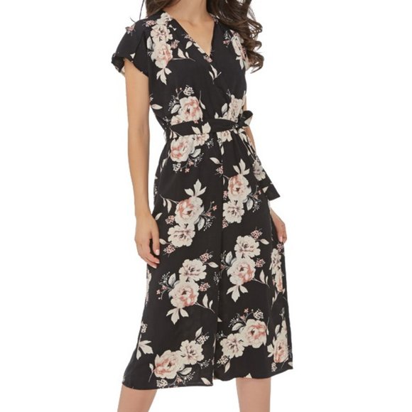 Pants - Floral Print Elastic Waist Jumpsuit